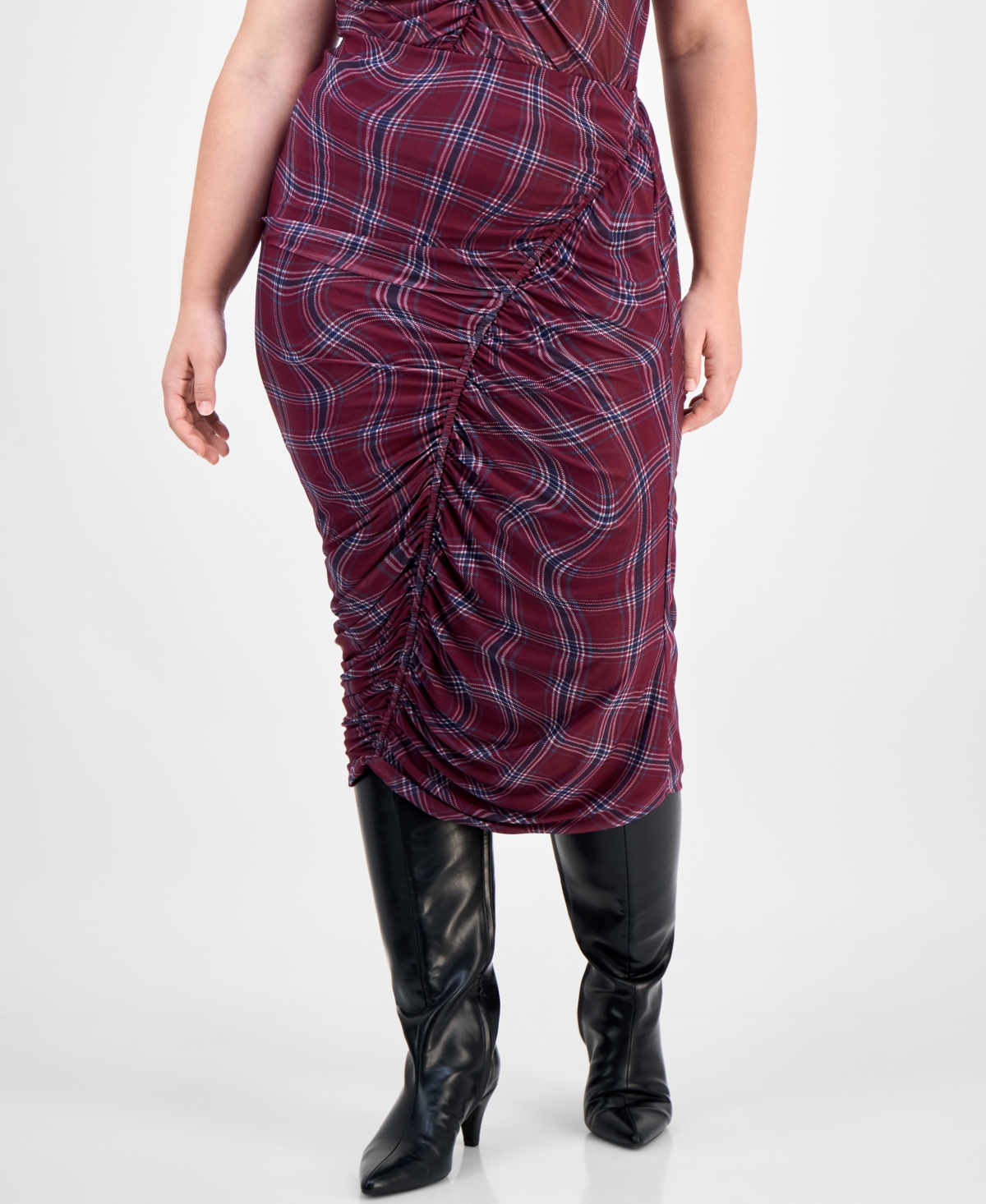 Bar Iii Trendy Plus Plaid Asymmetric Ruching Top Skirt Macys Exclusive In Purple