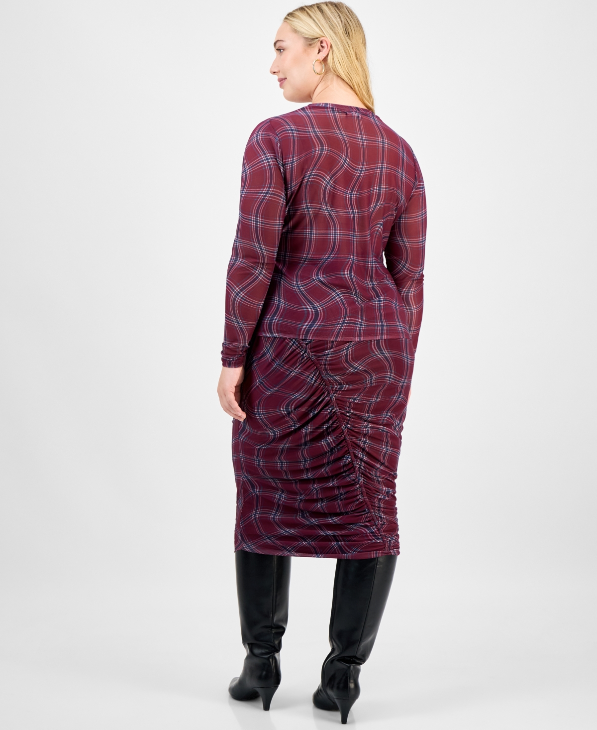 Bar Iii Trendy Plus Plaid Ruched Long-sleeve Top, Macy's Exclusive In Multi