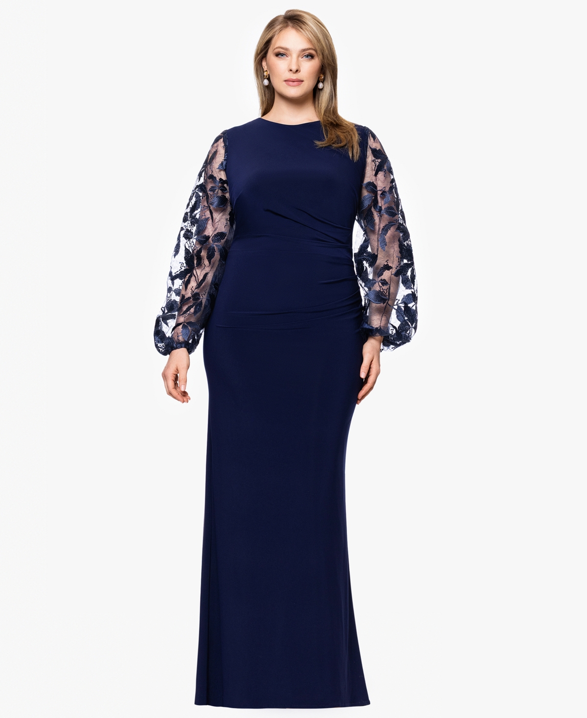 Betsy & Adam Plus Size Embroidered Scuba Crepe Long Dress