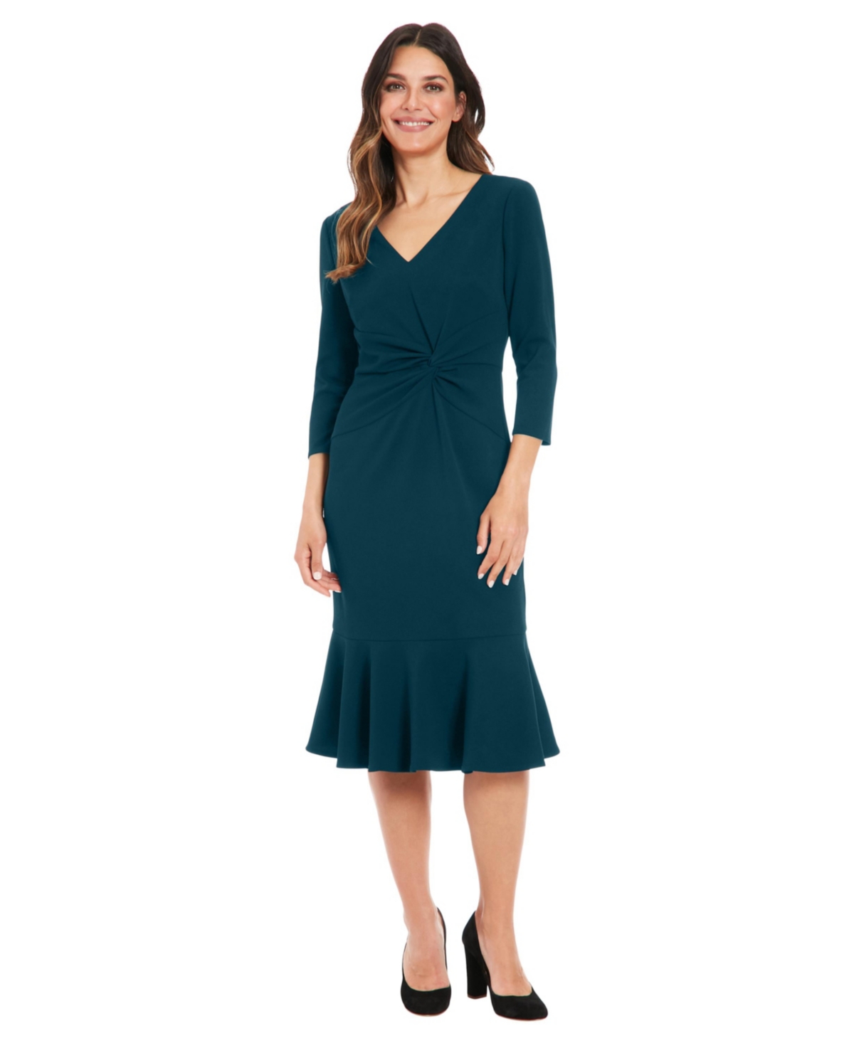 London Times Petite Side-knit 3/4-sleeve Midi Dress In Blue
