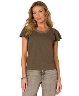 Democracy - Petite Crochet-Trim Flutter-Sleeve Knit Top