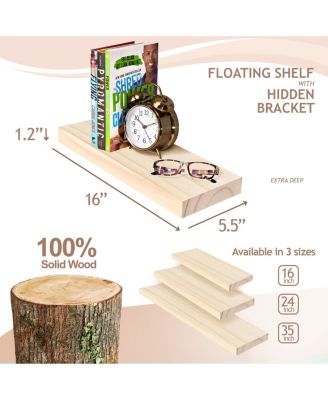 2 Pack 16" Solid Wood Floating Shelves - for Bathroom Decor, Books, Bedroom & Living Room
