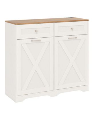 Tilt Out Trash Can Cabinet with Outlets and Adjustable Shelf