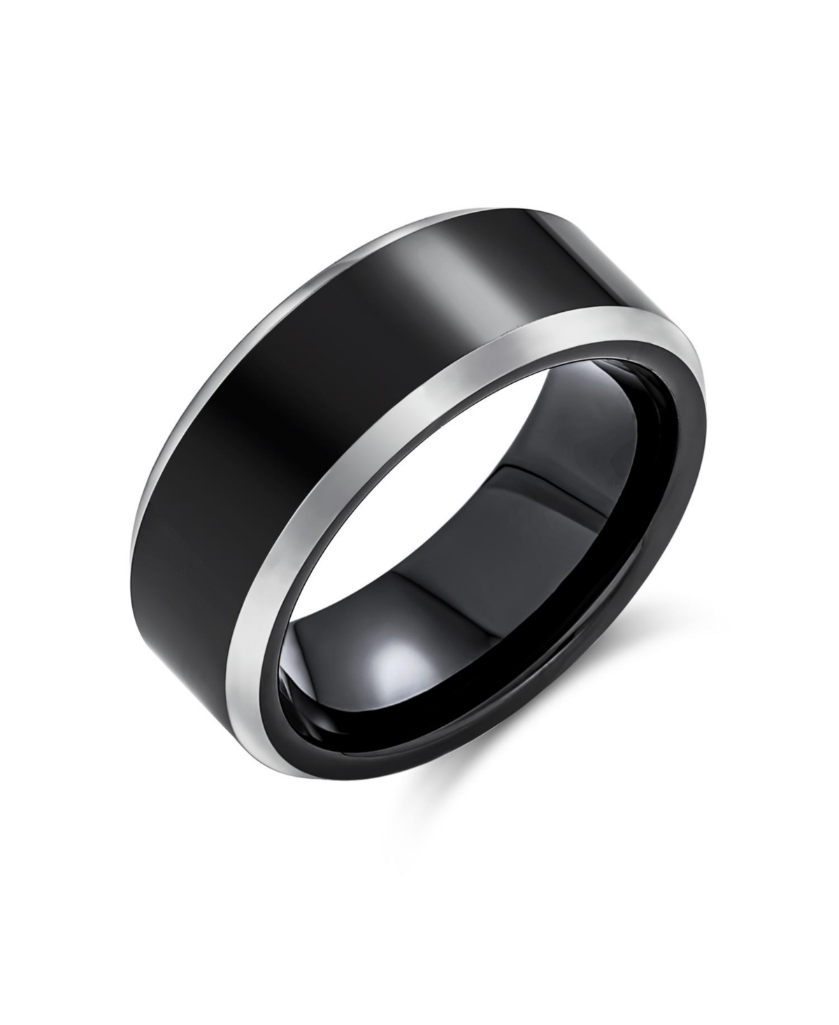 Simple Black Couples Titanium Band Ring Silver Two Tone Beveled Edge Comfort Fit - Black a