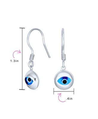 Turkish Spiritual Protection Amulet 3D Blue Nazar Evil Eye Round Circle Dangle Earrings Murano Glass .925 Sterling Silver Fish Hook