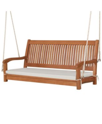 2-Person Hanging Porch Swing Wood Bench with Cushion Curved Back