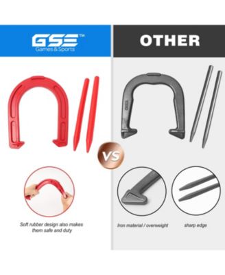 Rubber Horseshoe Game Set, 4 Horseshoes (2 Red/2 Blue), 2 Rubber Mats with Posts, and 2 Plastic Stakes