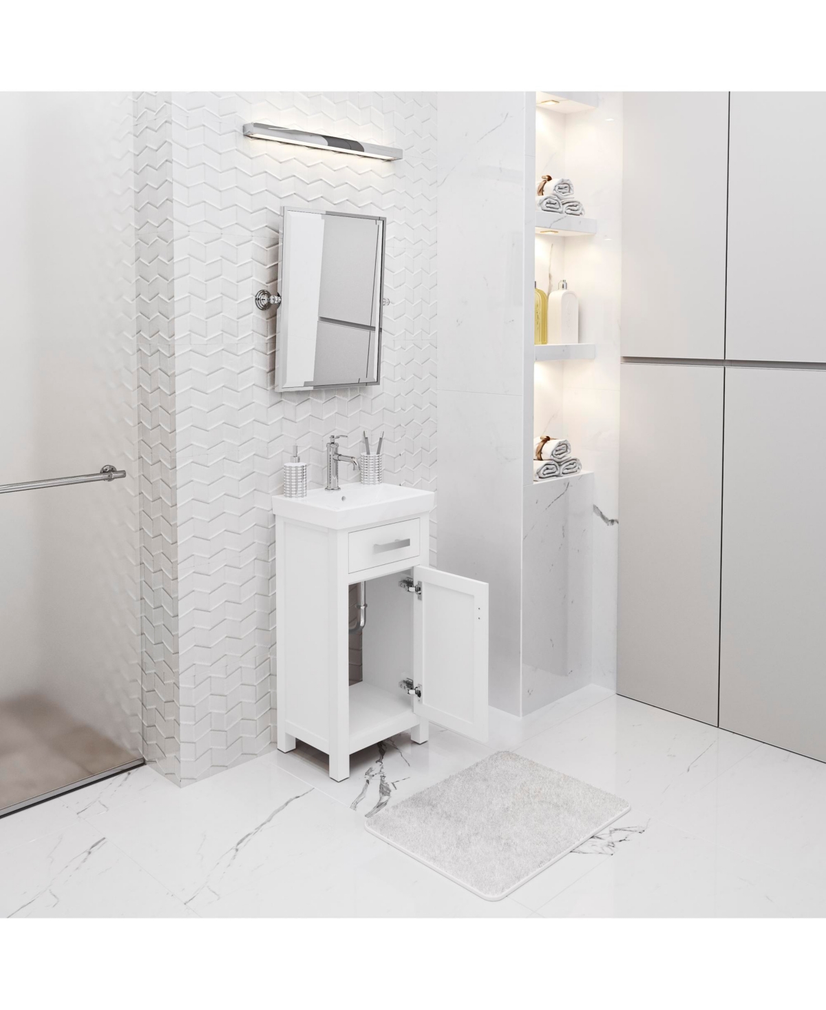 Mia 18 in. W Bath Vanity in Pure White Finish with Ceramics Integrated Vanity Top with White Basin