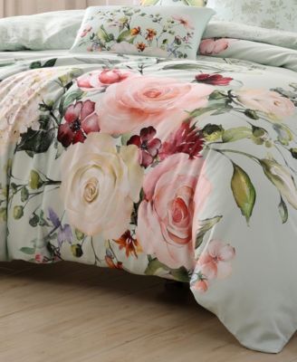 Rose on Misty Green 200 TC Cotton Sateen, Reversible 5 Pc. Comforter Set