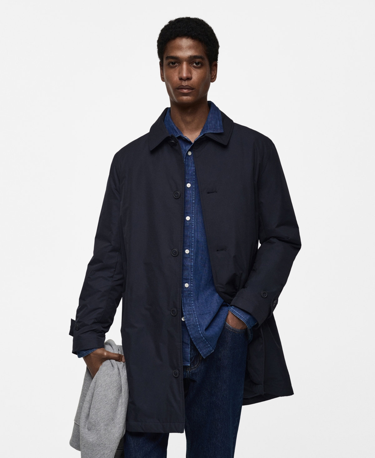 Men's Quilted Water-Repellent Trench Coat - Dark Navy