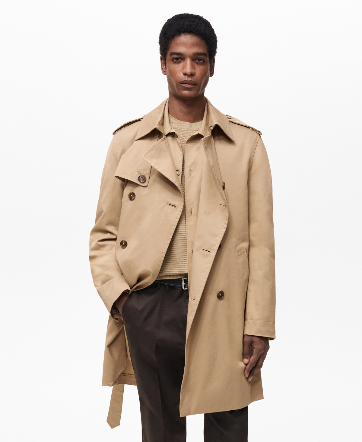 Men's Water-Repellent Belted Trench Coat - Medium Brown
