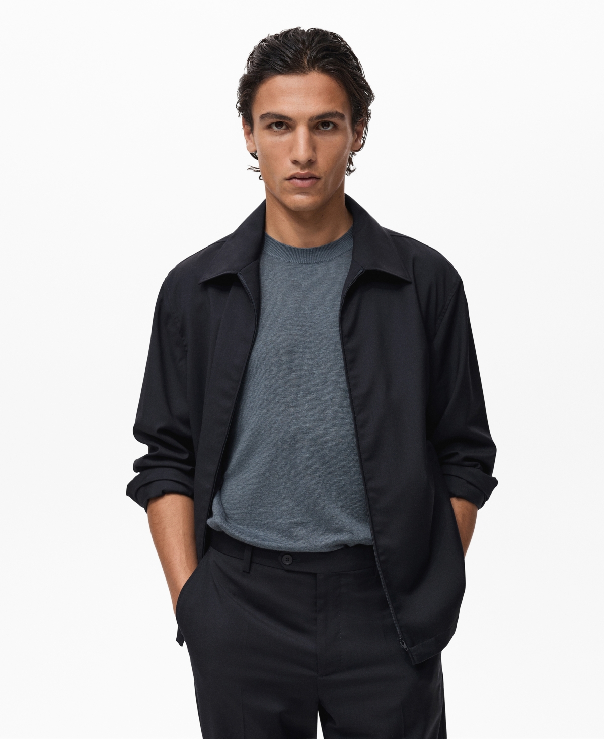 Men's Shirt Collar Cold Wool Jacket - Dark Navy