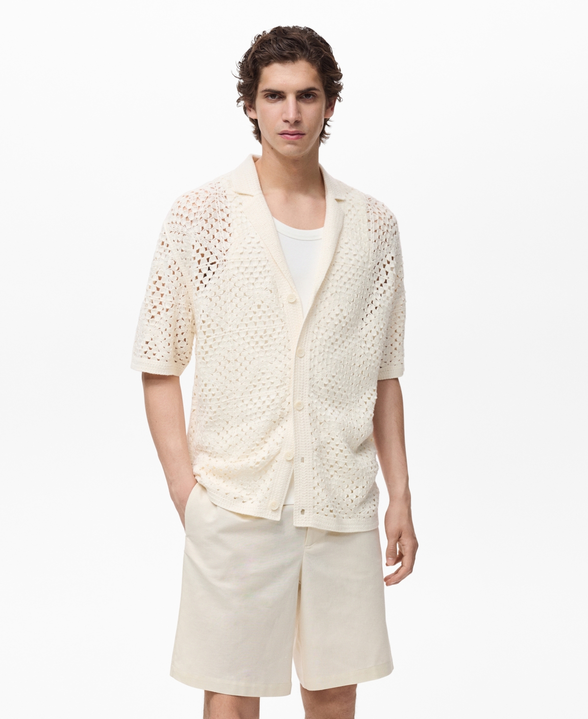 Men's Crochet Structure Bowling Shirt - Ivory White