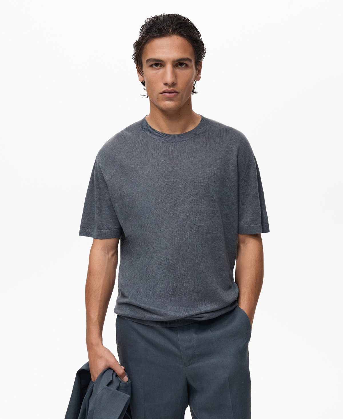 Men's Linen Ribbed Trim T-Shirt - Petrol Blue