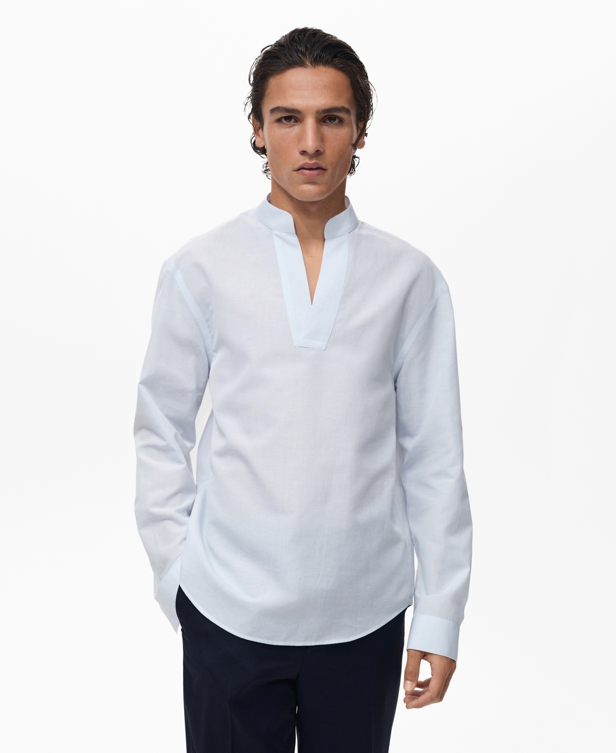 Men's Mao Collar Linen Shirt - Sky Blue