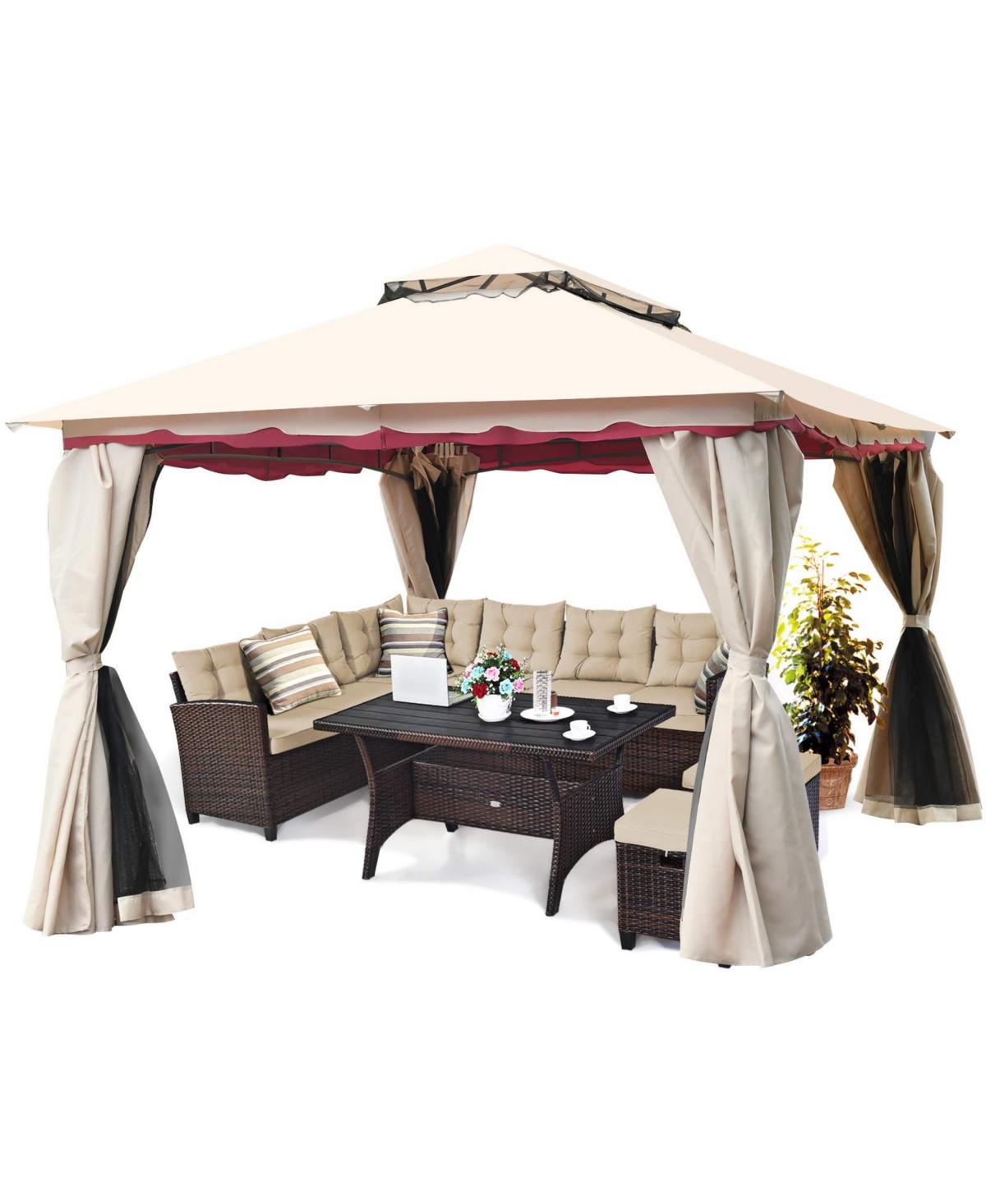 13x10 Feet Patio Steel Gazebo, Large Outdoor Canopy Gazebo with Netting, Side Walls, Zippers, 2 Tier Roof, Steel Canopy Gazebo for Patio, Yard, Garden