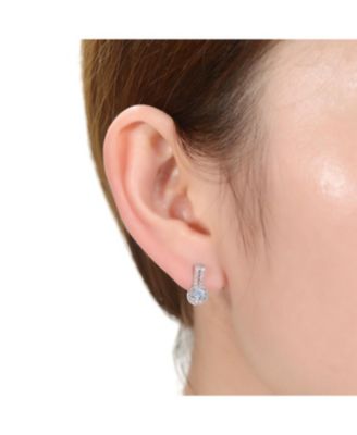 White Gold Plating with Clear Cubic Zirconia Solitaire Milgrain Double Drop Earrings