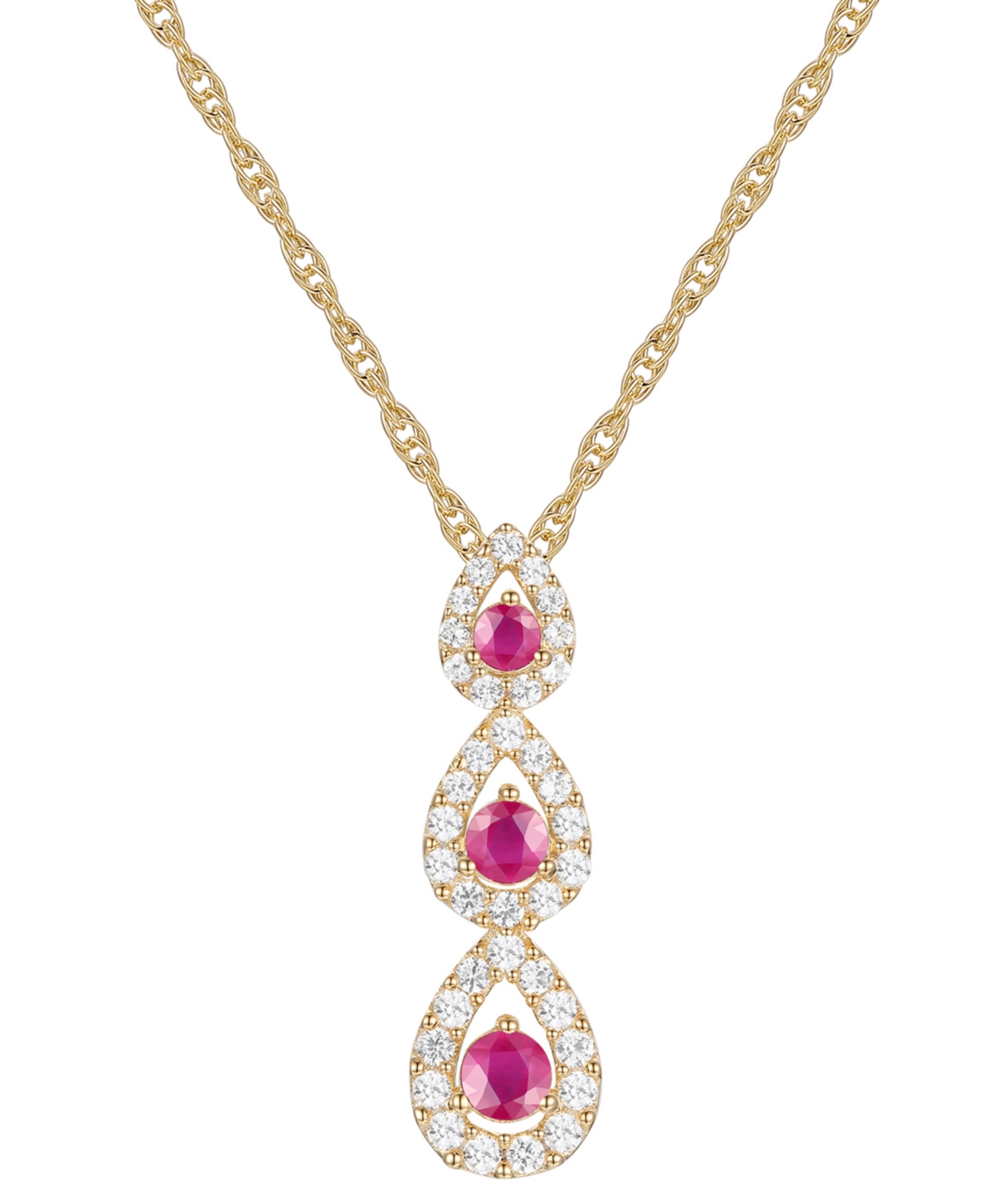 Ruby (1/3 ct. t.w.) & Diamond (1/4 ct. t.w.) Triple Halo Graduated 18" Pendant Necklace in 10k Gold - Ruby