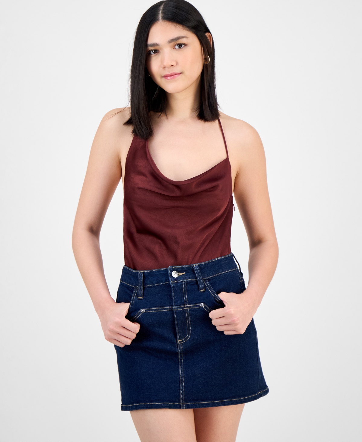 Bar Iii Women's Cowl-neck Sleeveless Satin Bodysuit, Exclusively At Macy's In Red