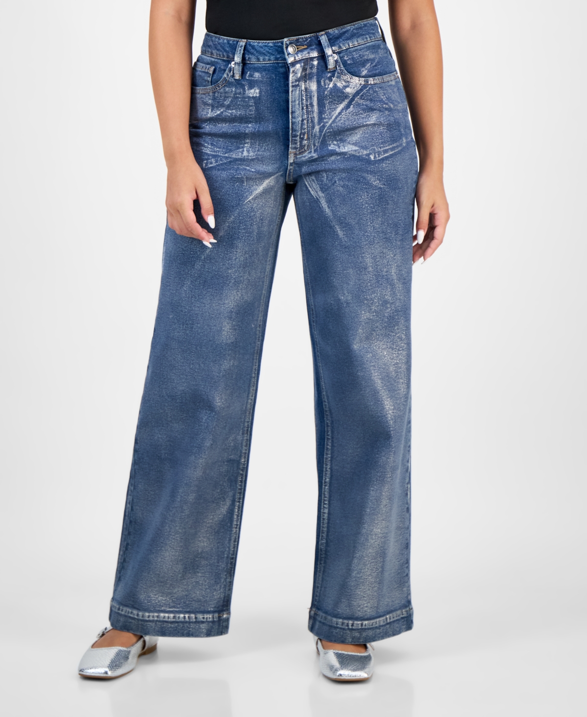 Bar Iii Women's High Rise Metallic Wide-leg Jeans, Macy's Exclusive In Blue