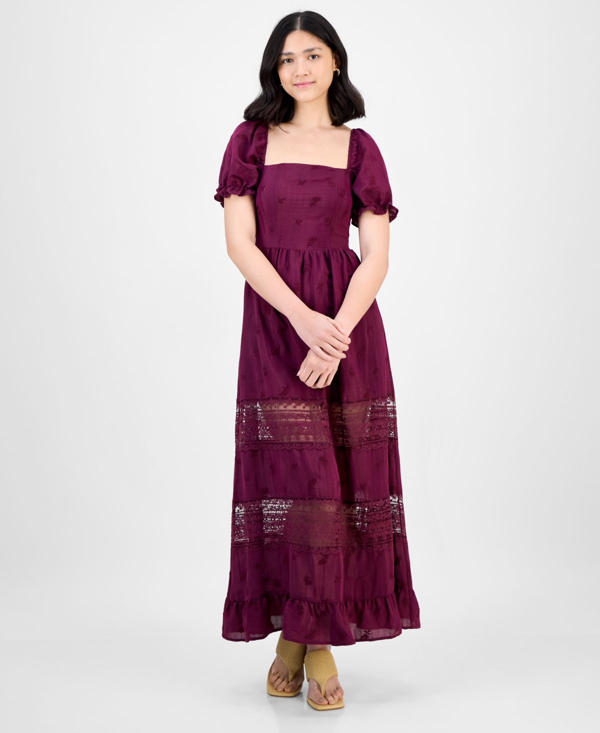 Women's Square-Neck Embroidered Maxi Dress, Macy's Exclusive - Deep Cranberry