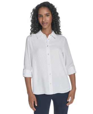 Tommy Hilfiger - Women's Slim-Fit Pin-Dot Roll-Tab-Sleeve Shirt