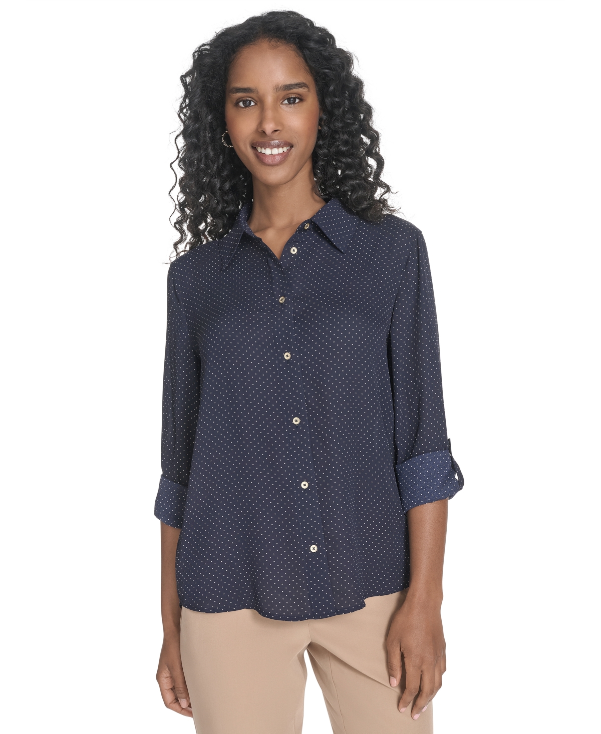 Women's Slim-Fit Pin-Dot Roll-Tab-Sleeve Shirt - Ivory/ Midnight