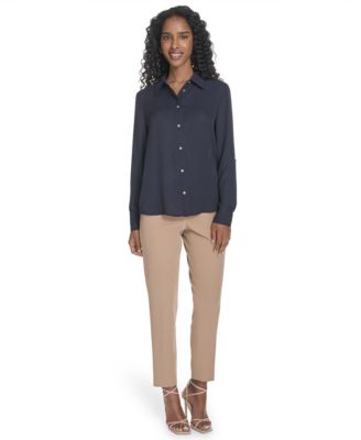 Women's Slim-Fit Pin-Dot Roll-Tab-Sleeve Shirt