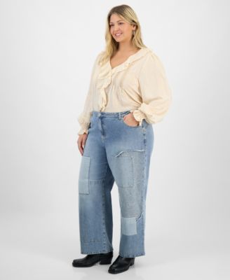 Trendy Plus Size Patchwork High Rise Wide Leg Jeans, Macy's Exclusive