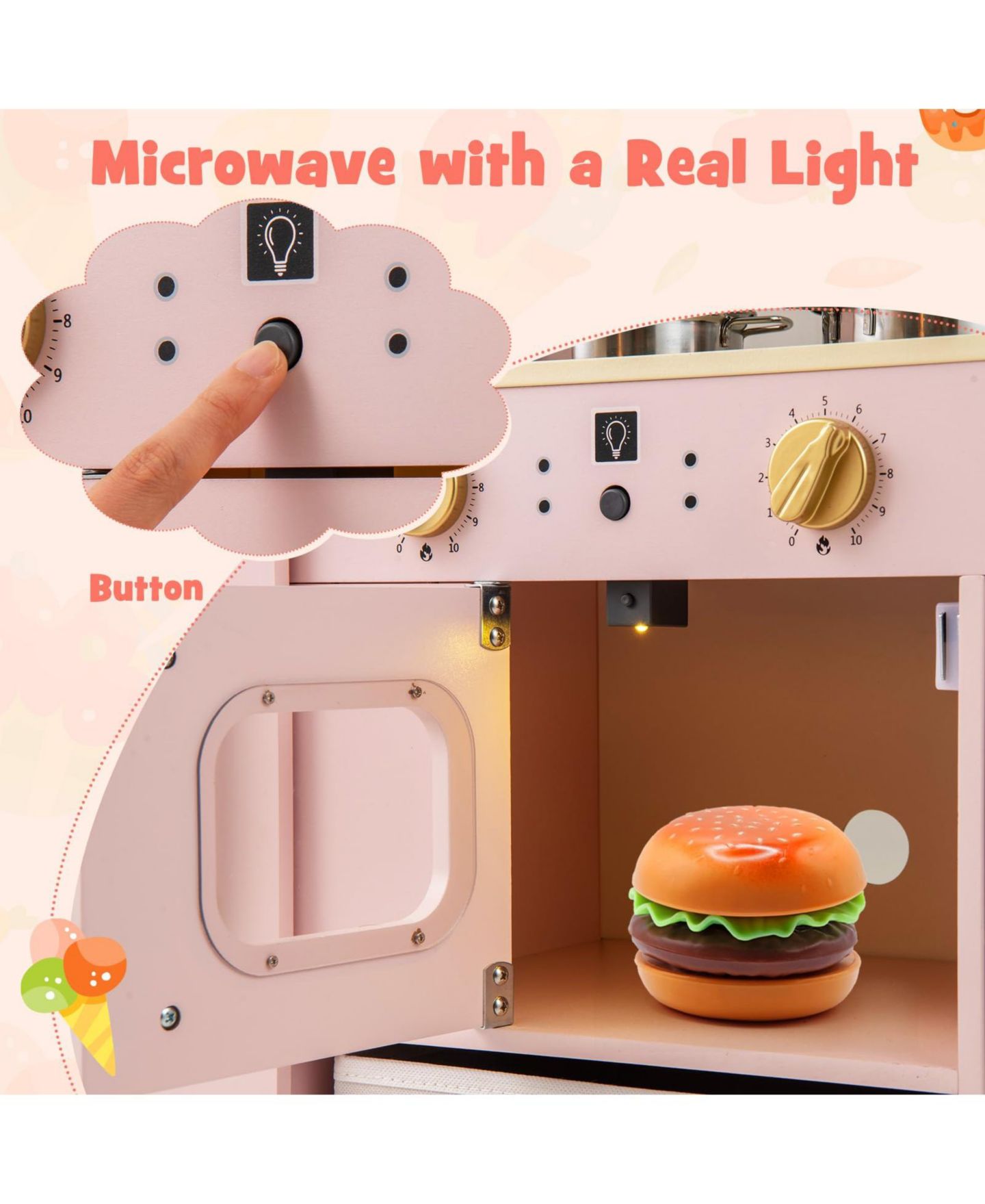 Детская игрушка Mecale Wooden Play Kitchen with Light-Up Microwave, Ice Maker, and Chalkboard, Ages 3+, цвет: Розовый — фото 5