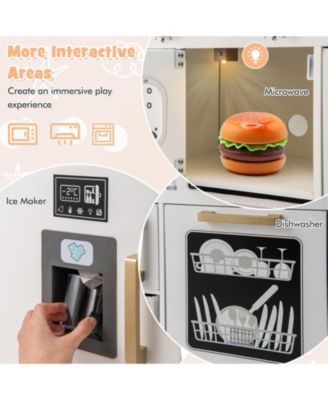 Wooden Kids Kitchen Playset with Chalkboard Ice Maker Sink Lighted Microwave