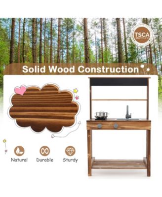 Mud Kitchen Fir Wood Play Kitchen with 4 Panting Pots Faucet Removable Sink