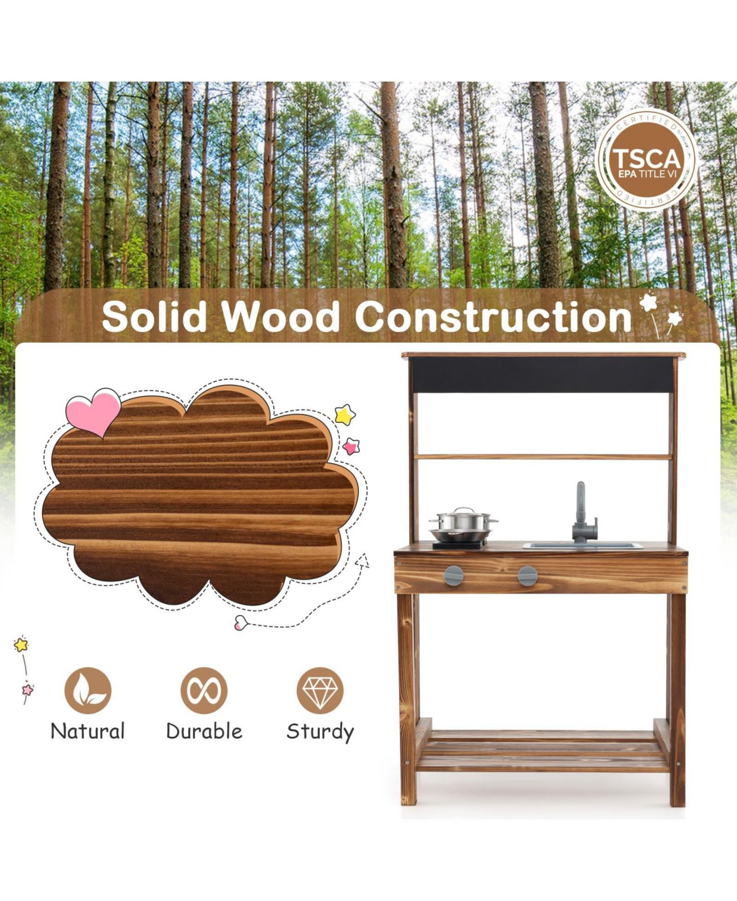 Mud Kitchen Wooden Water Play Activity Table with Planting Pots