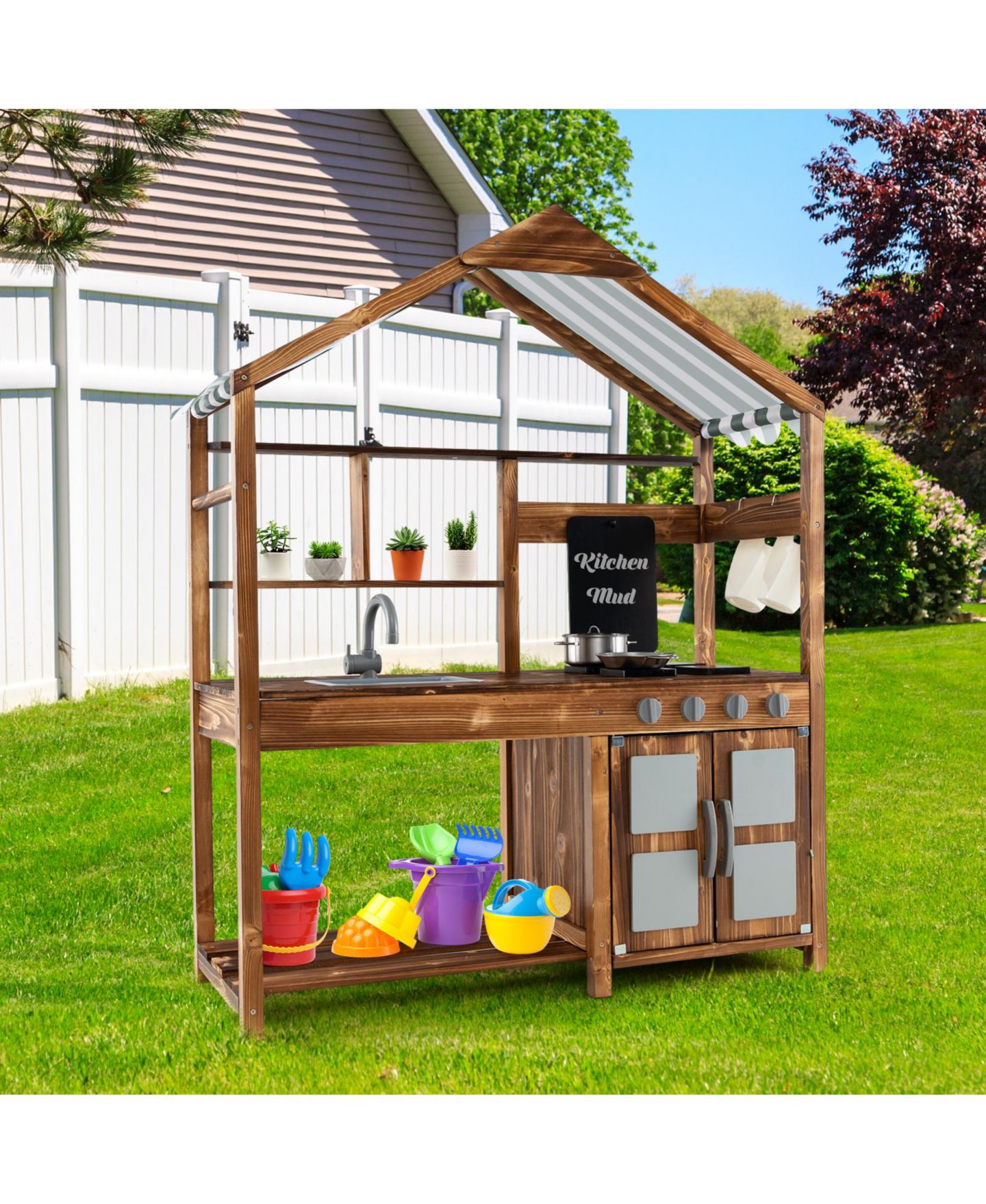 Детская игрушка Mecale Kid's Mud Kitchen Outdoor Solid Wood Mud Kitchen with Canopy, цвет: Натуральный — фото 10