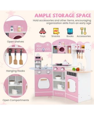 Corner Wooden Play Kitchen with Coffee Machine and Slide for Kids