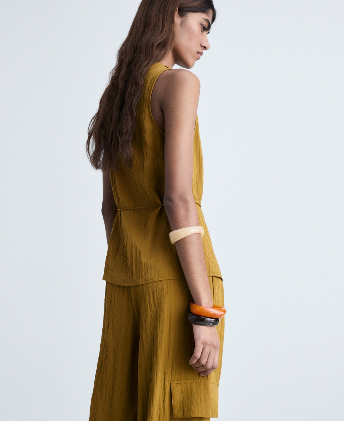 Mango Texture Tie Waist Sleeveless Top In Green