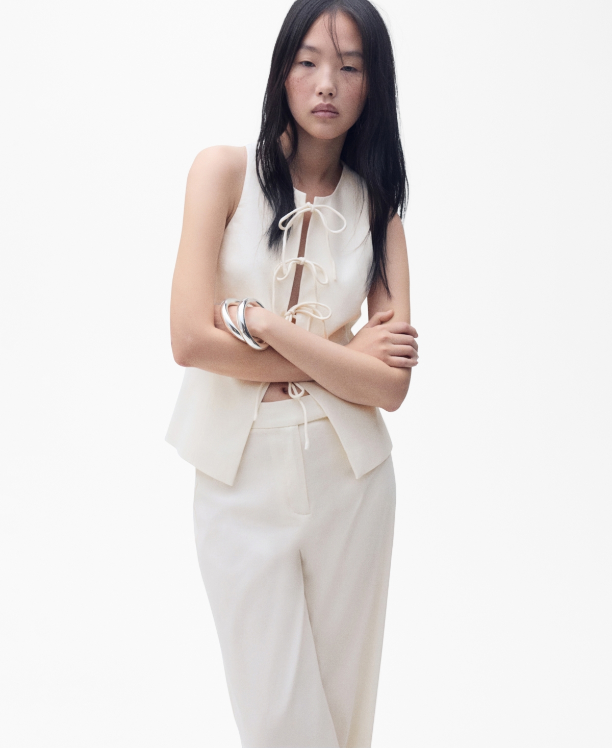 Mango Women's Bow Linen-blend Top In White