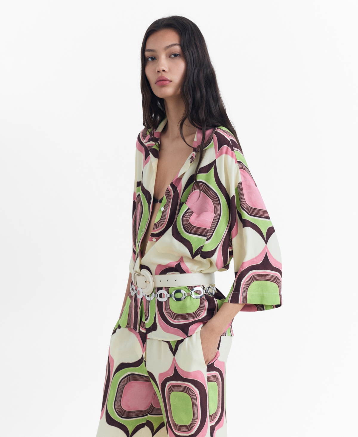 Women's Geometric Print Blouse - Ecru