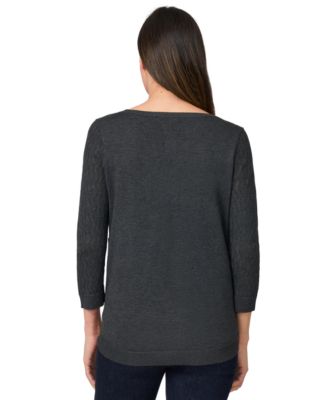 Women's Crewneck Pointelle 3/4-Sleeve Lightweight Sweater