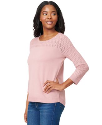 Women's Crewneck Pointelle 3/4-Sleeve Lightweight Sweater