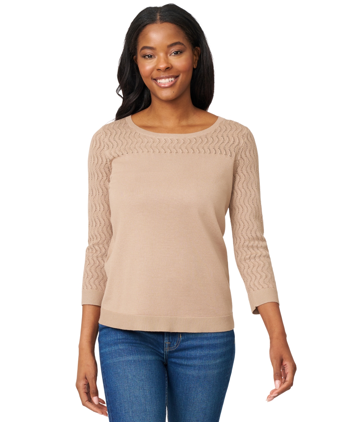 Melissa Paige Women's Crewneck Pointelle 3/4-sleeve Lightweight Sweater In Neutral