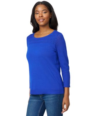 Women's Crewneck Pointelle 3/4-Sleeve Lightweight Sweater