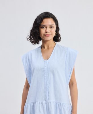 Women's Oversized V neck Short Dress with Frayed Sleeves