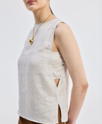 Women's Boat Neck Top in Checkered Linen