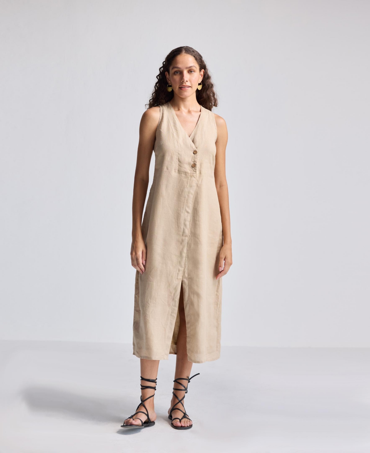 Women's Straight Dress with Front Slit in Neutral Beige Hemp - Neutral beige