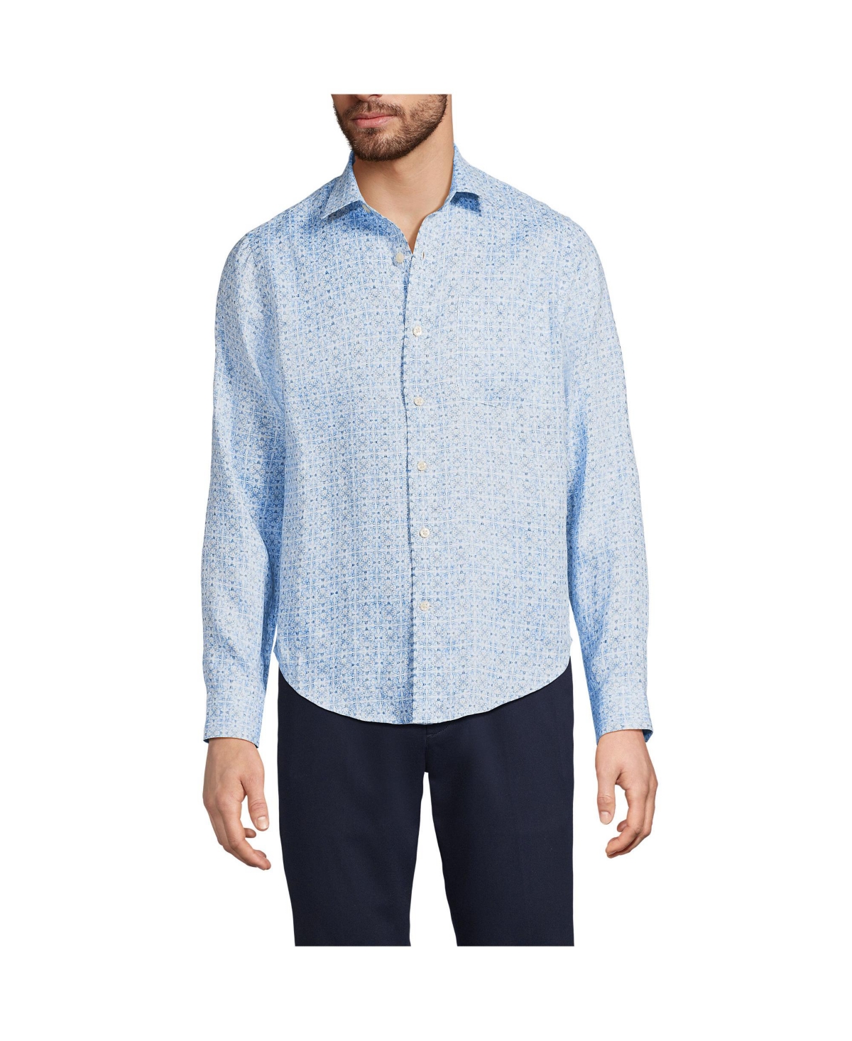 Men's Long Sleeve Linen Shirt - Crisp blue mosaic