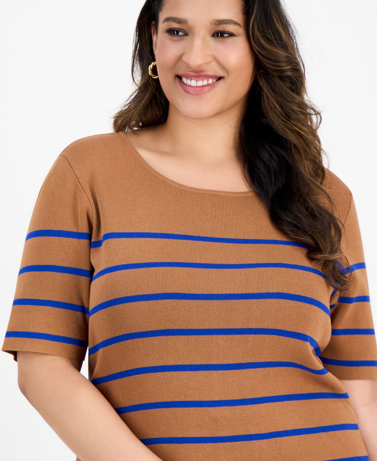 Женский топ Tahari ASL Plus Size Striped Short-Sleeve, цвет: Верблюжий королевский синий — фото 3