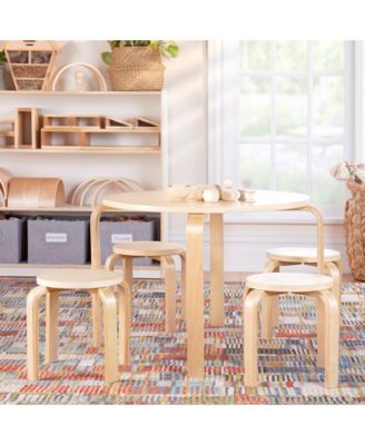 Kids' Nordic Table and Chairs Set - Natural: Wooden Round Classroom and Playroom Toddler Activity Table with 4 Stools
