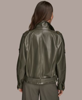Women's Faux-Leather Zip-Front Belted Jacket
