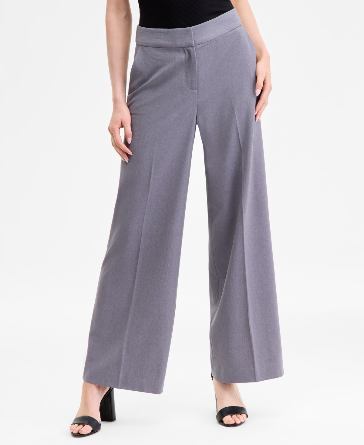 Tahari Asl Bi Stretch Tunic Vest Wide Leg Pants In Gray